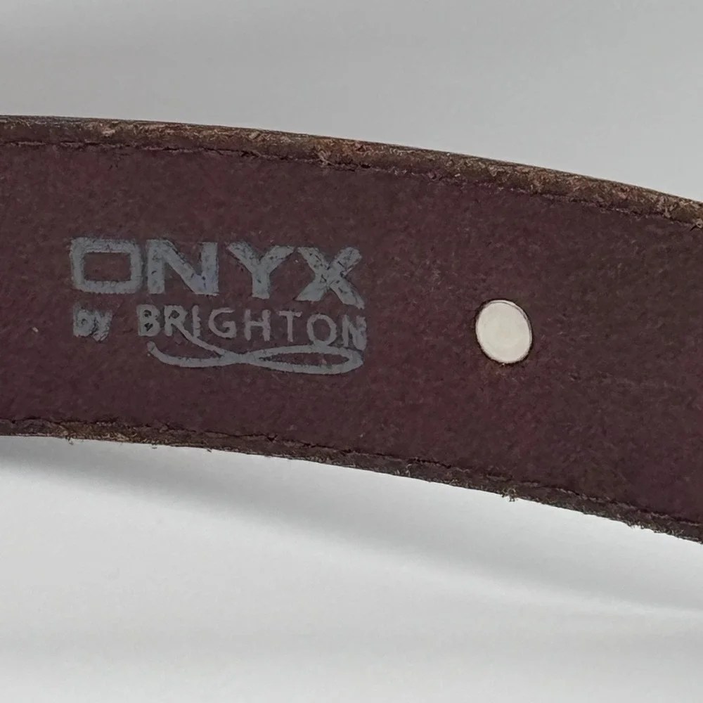 Brighton‎ Western Brown Leather Belt Engraved Buckle Metal Tip Cowboy Style